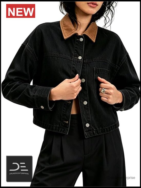 Jackets & Blazers - Cropped Oversized Denim Jacket Color Block Patchwork Long Sleeve Trucker Coat